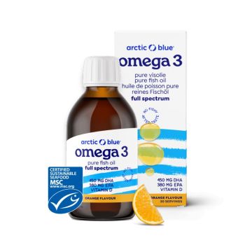 Omega-3 visolie DHA & EPA met vitamine D3 (Arctic Blue) 150 ml (sinaasappel)