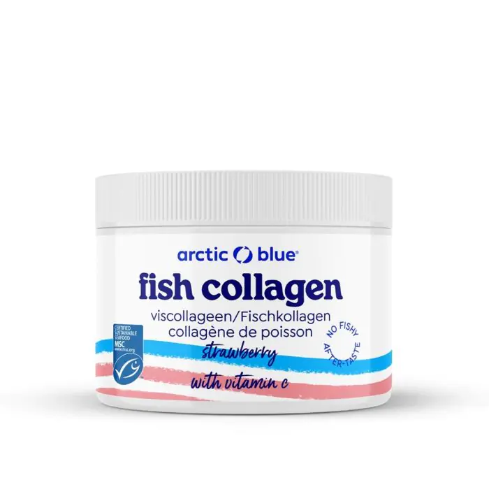 Noors Viscollageen Poeder met Vitamine C en aardbeismaak (Arctic Blue) 150gr Noors Viscollageen Poeder met Vitamine C en aardbeismaak (Arctic Blue) 150gr