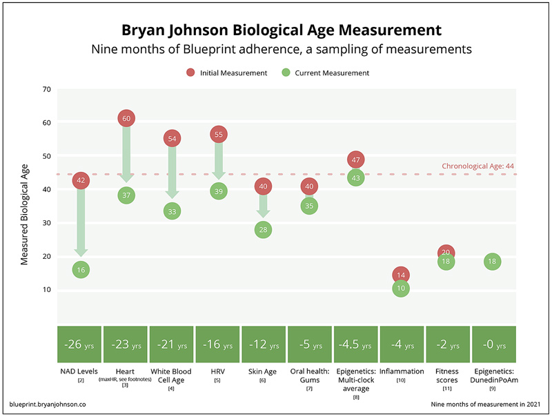 Grafiek die verscheidene biomarkers laat zien van Bryan Johnson's leeftijd.